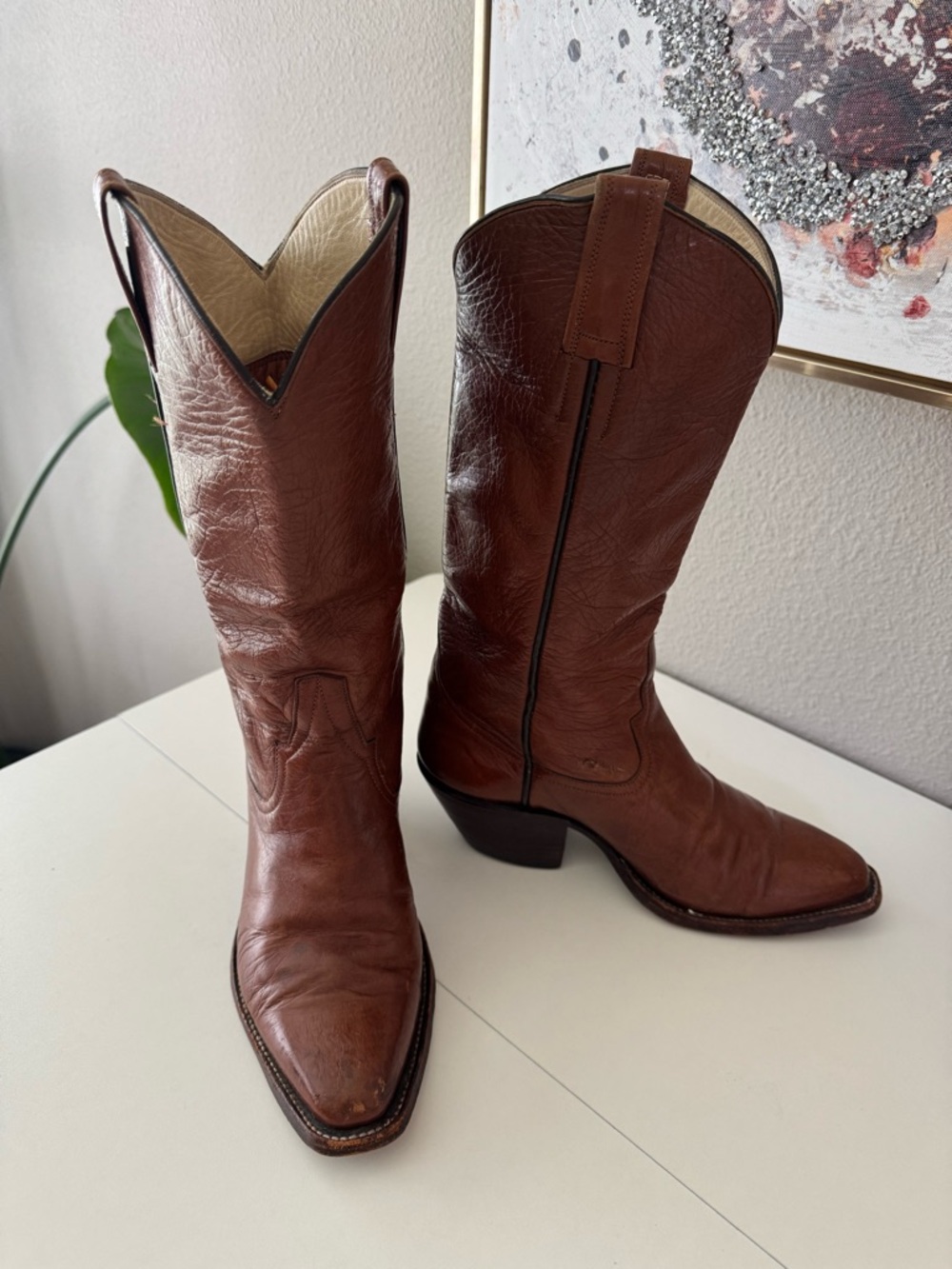 Vintage Cognac Brown Leather Western Knee-High Boots